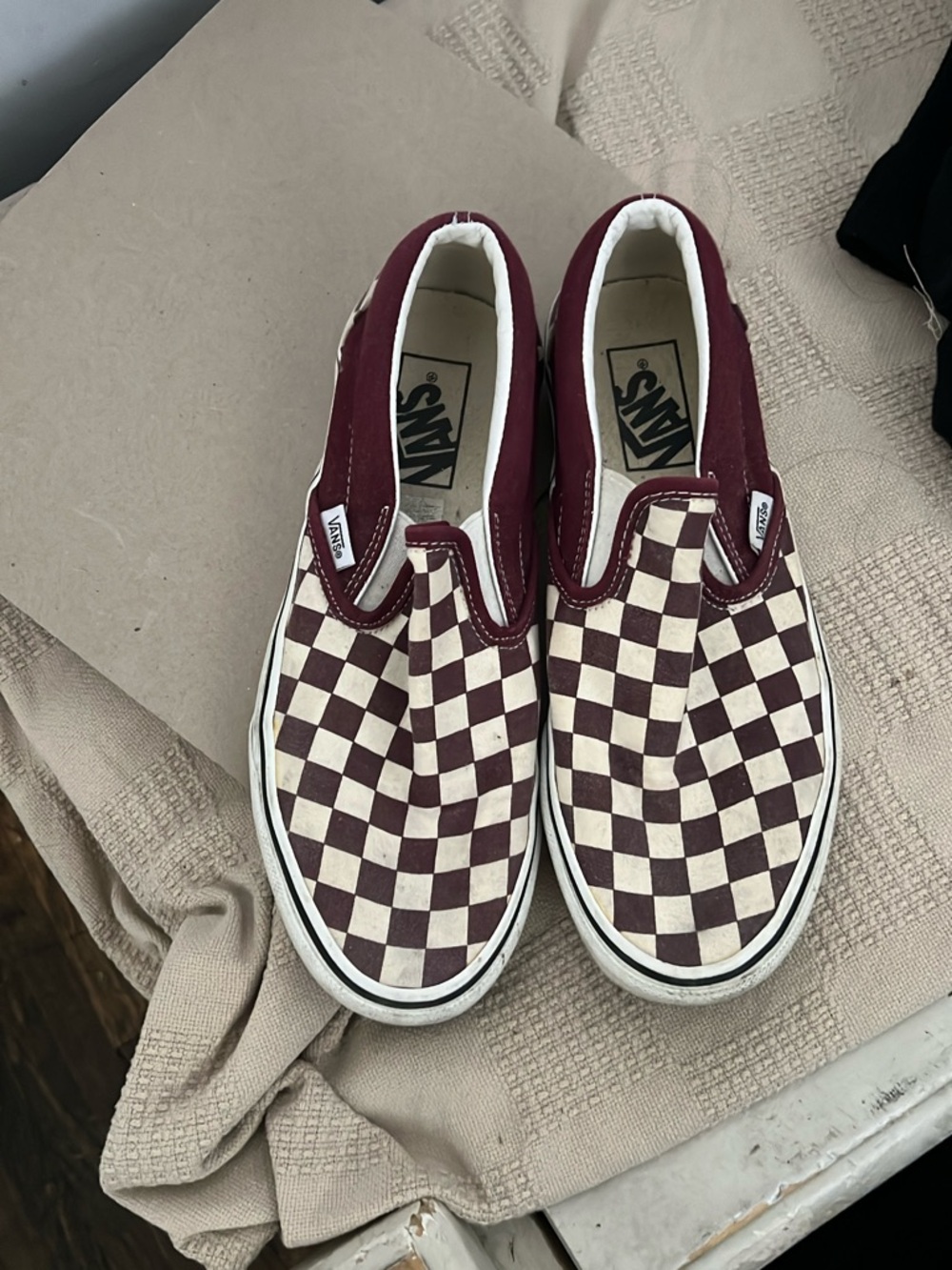Vans Slip-On Checkerboard Sneakers - Burgundy & Cream